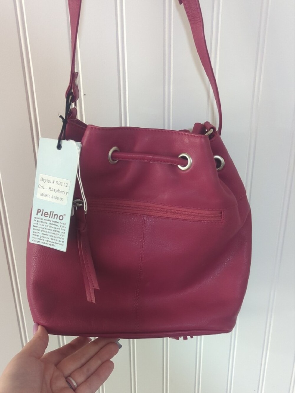 Genuine Leather Raspberry Drawstring Bucket Bag - Picture 4 of 11